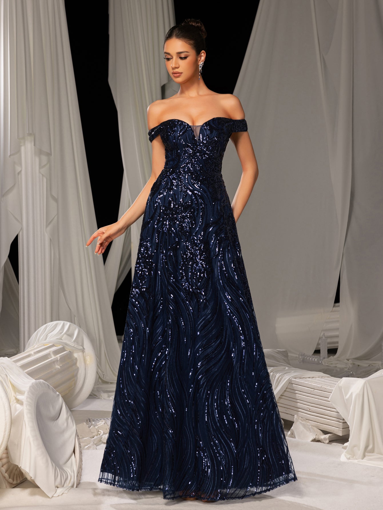 Elegant Off Shoulder Graphic Sequin Formal Prom Dress Evening Dress