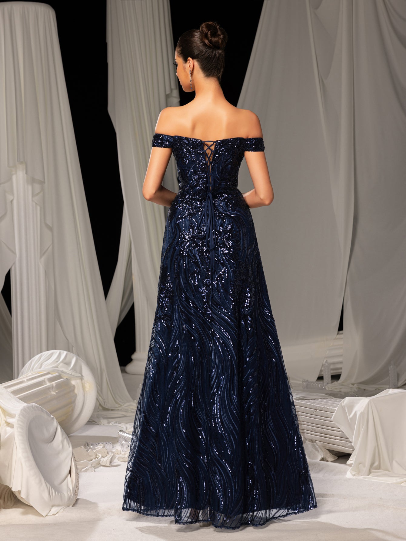 Elegant Off Shoulder Graphic Sequin Formal Prom Dress Evening Dress