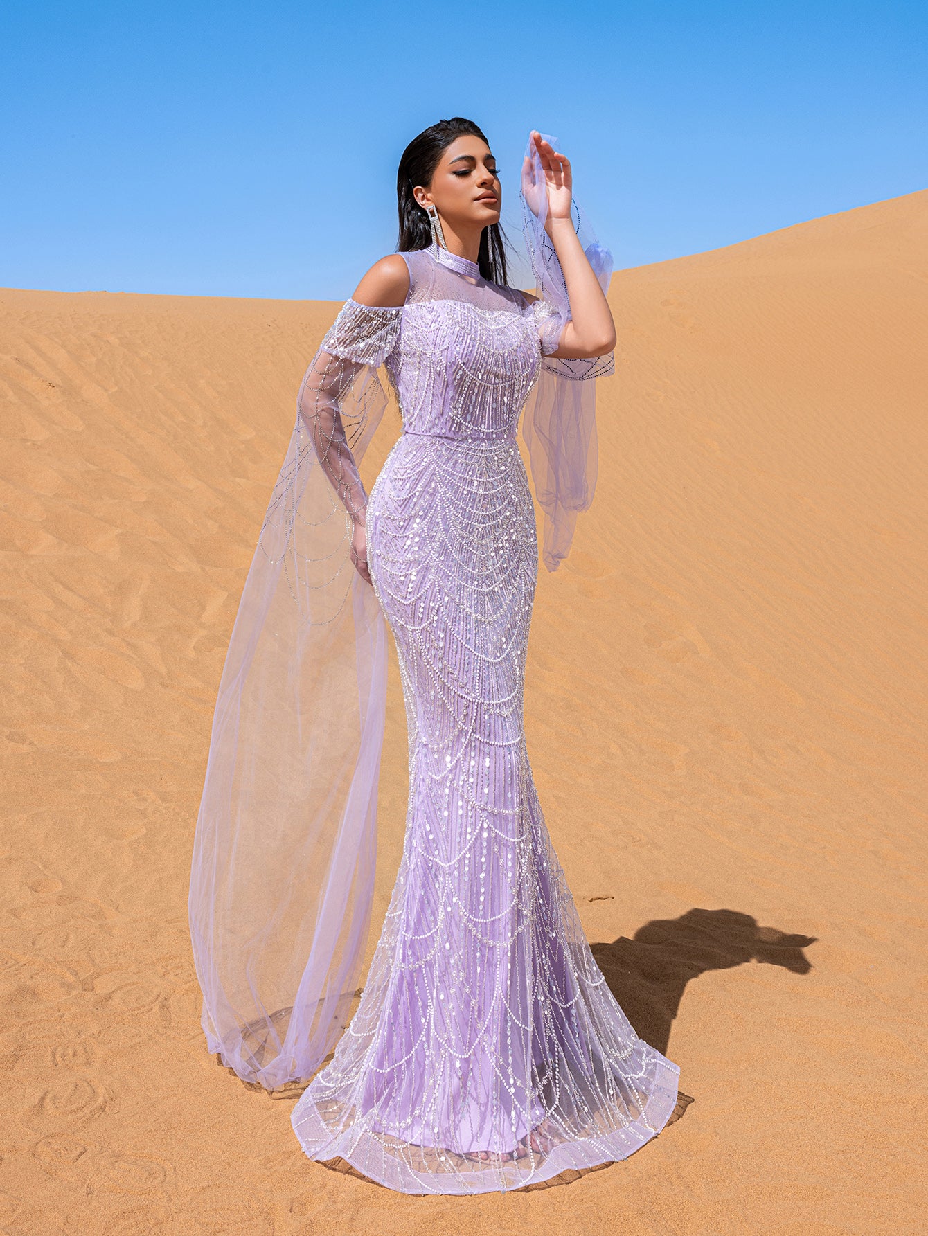 Luxury Gorgeous Rhinestone Detail Cape Sleeves Mermaid Hem Beaded Seuqin Evening Dress