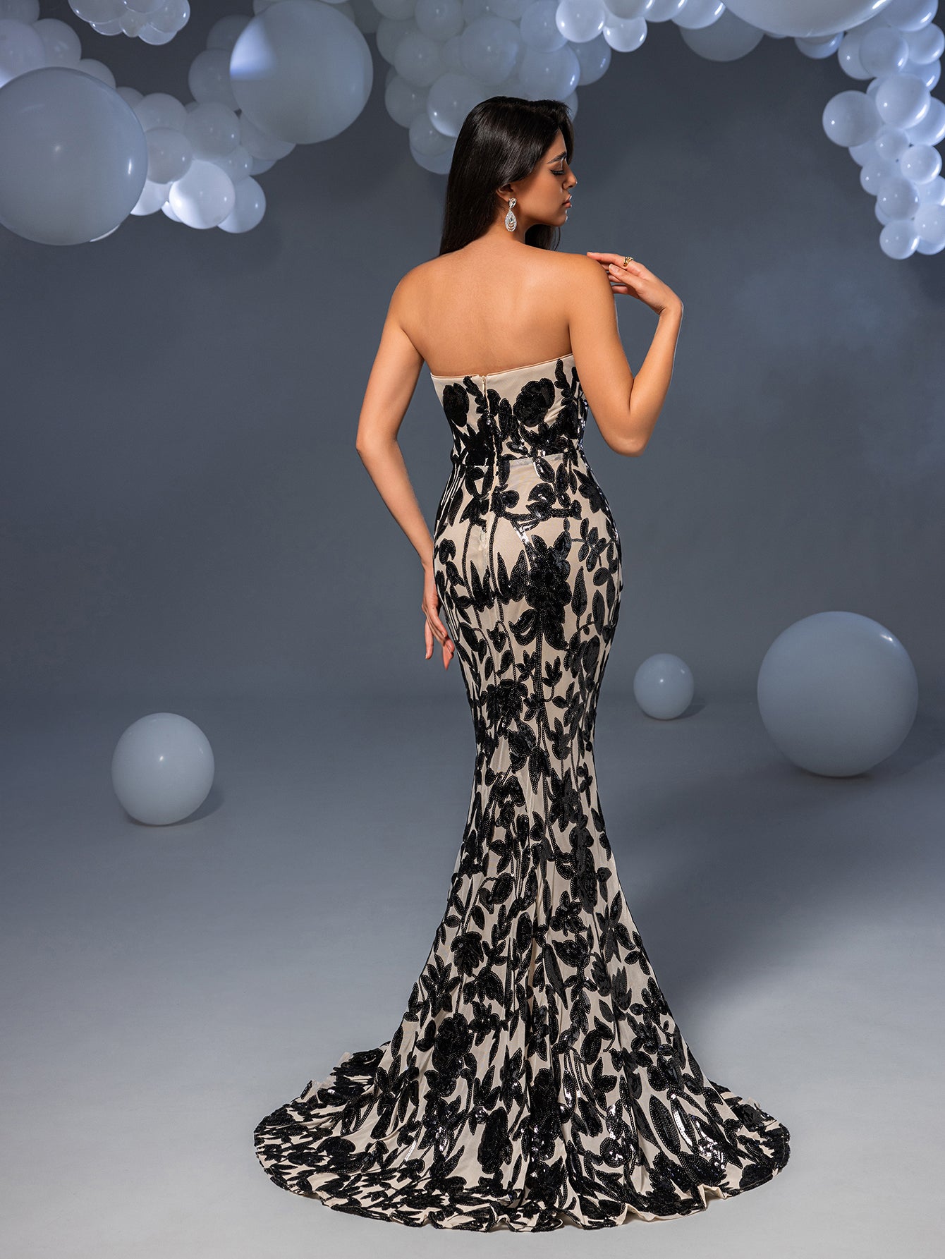 Elegant Strapless Mermaid Hem Floral Sequin Evening Dress