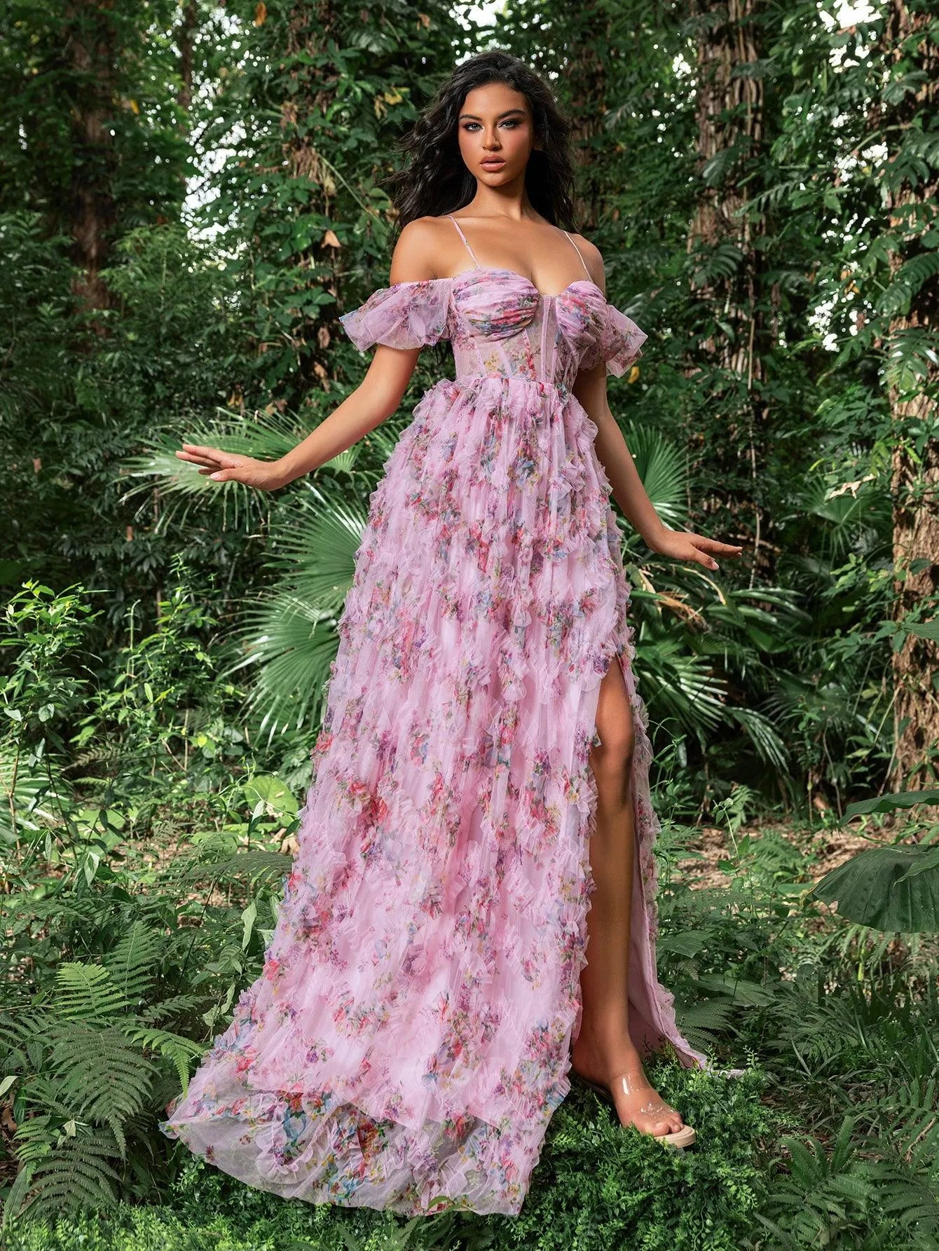 Floral Tulle Off Shoulder Cascading Ruffle Hem Slip Prom Dress - Elonnashop