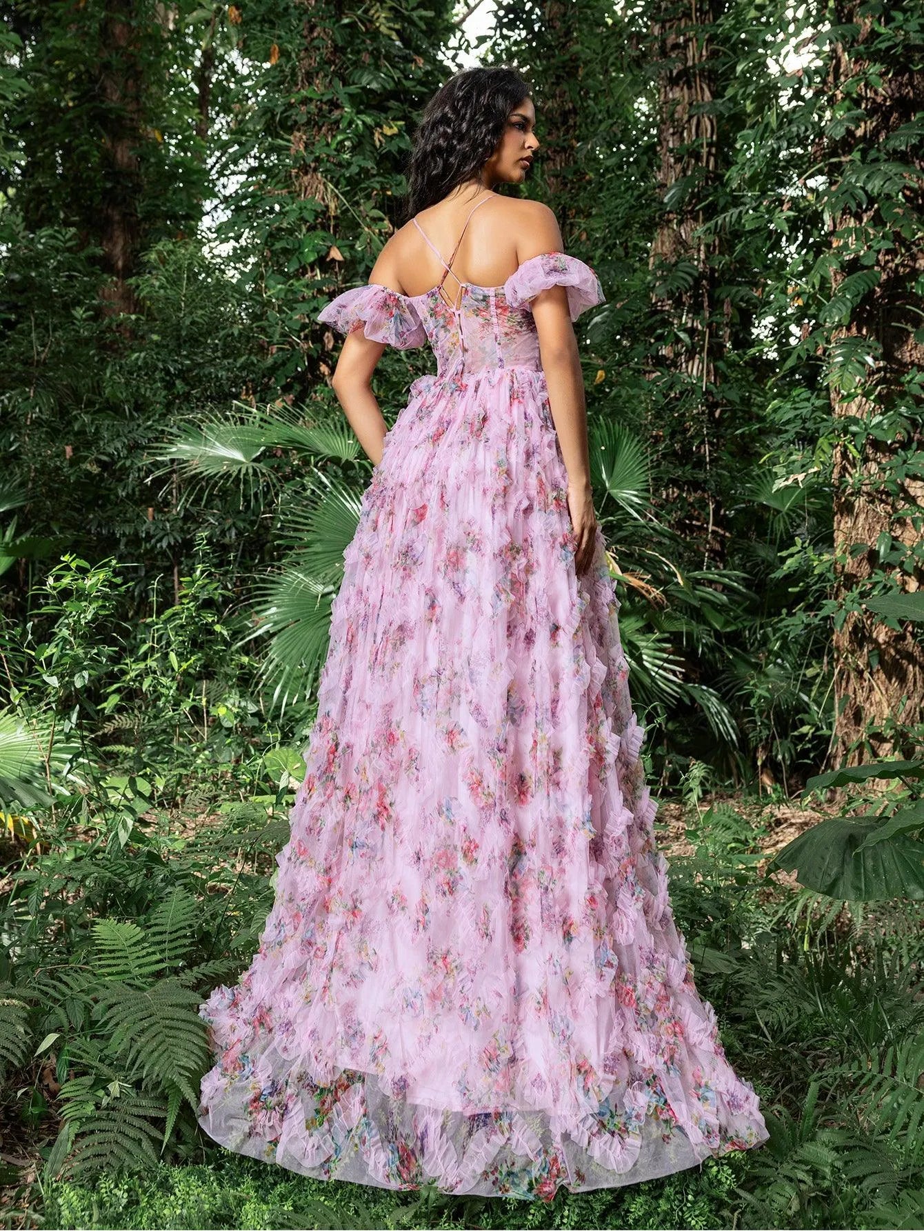 Floral Tulle Off Shoulder Cascading Ruffle Hem Slip Prom Dress - Elonnashop