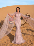 Luxury Gorgeous Sheer Cloak Sleeves Mermaid Hem Beaded Evening Dress