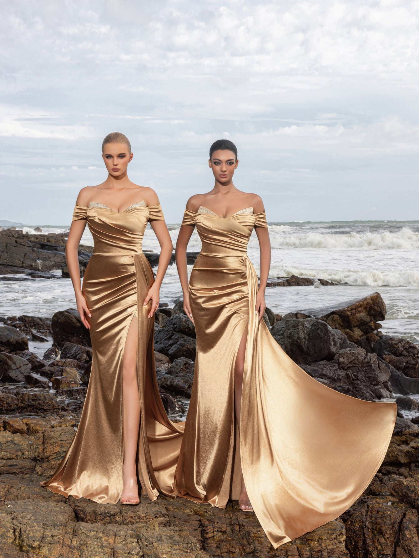 Elegant Satin Off-Shoulder Mermaid Gown | Sculpted Ruching & High Thigh Slit