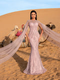 Luxury Gorgeous Sheer Cloak Sleeves Mermaid Hem Beaded Evening Dress