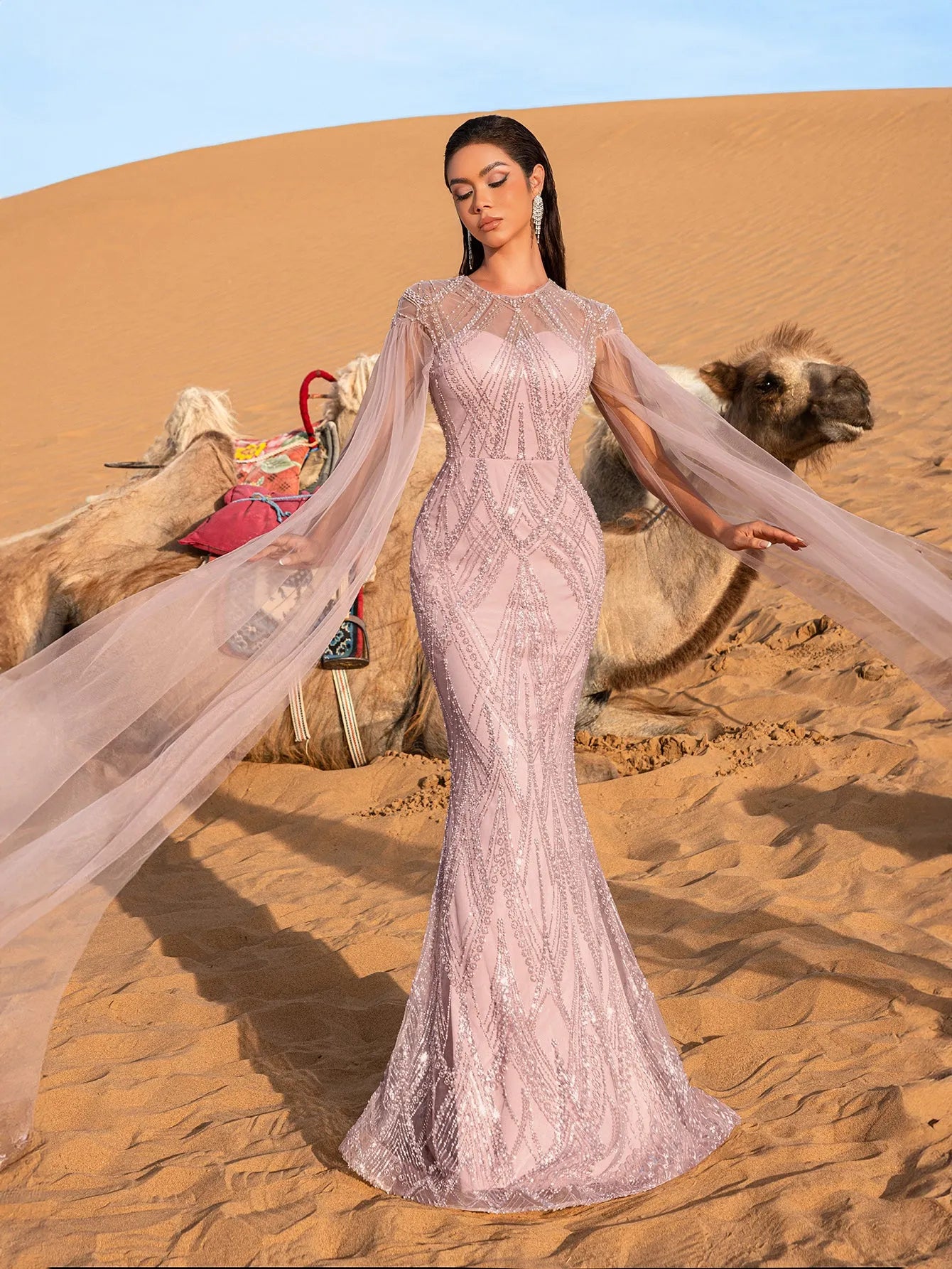 Luxury Gorgeous Sheer Cloak Sleeves Mermaid Hem Beaded Evening Dress