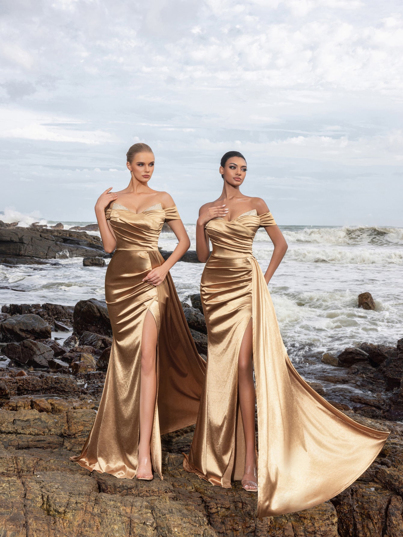 Elegant Satin Off-Shoulder Mermaid Gown | Sculpted Ruching & High Thigh Slit