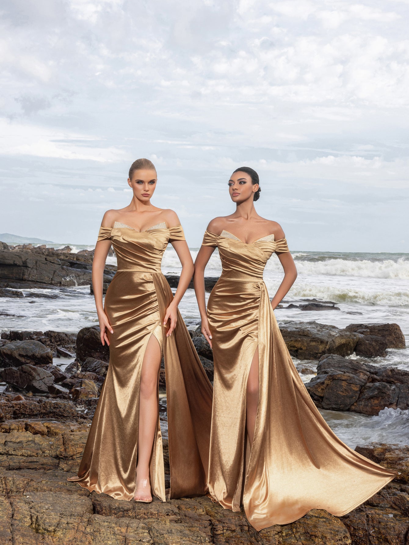 Elegant Satin Off-Shoulder Mermaid Gown | Sculpted Ruching & High Thigh Slit