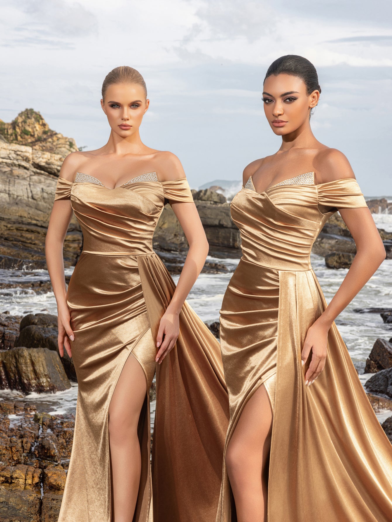 Elegant Satin Off-Shoulder Mermaid Gown | Sculpted Ruching & High Thigh Slit