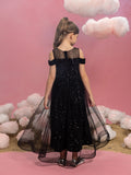 Tween Mädchen-Partykleid mit schulterfreiem Mesh-Overlay und Pailletten 