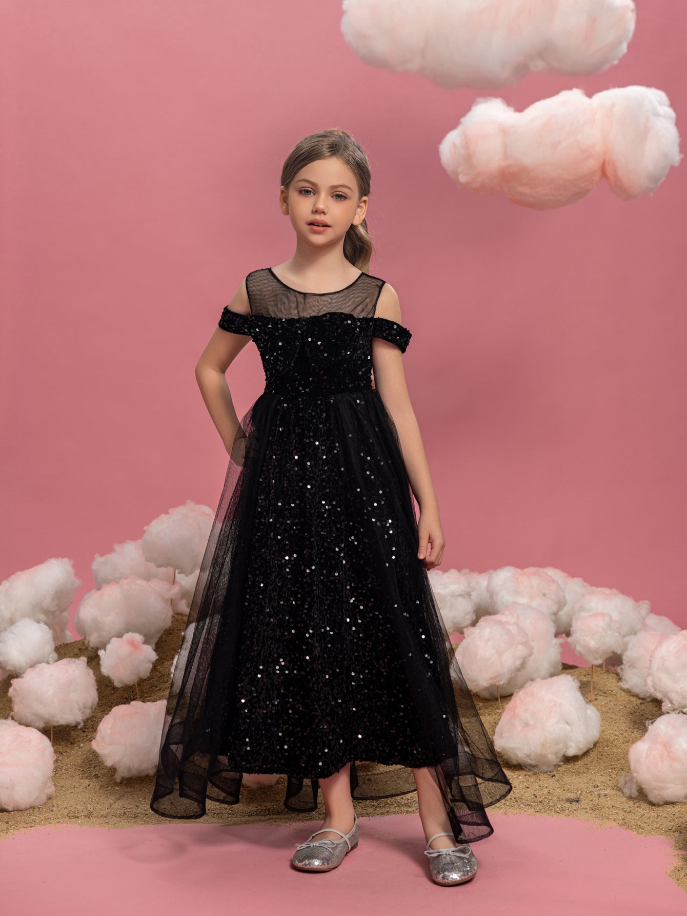 Tween Mädchen-Partykleid mit schulterfreiem Mesh-Overlay und Pailletten 