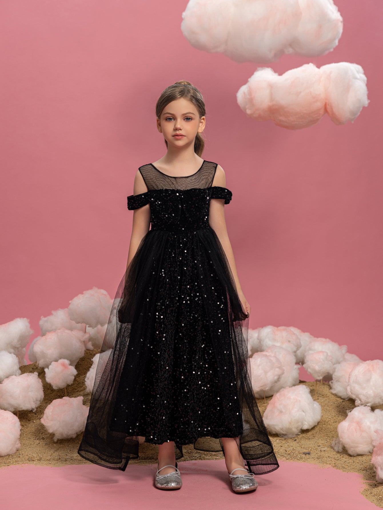 Tween Mädchen-Partykleid mit schulterfreiem Mesh-Overlay und Pailletten 