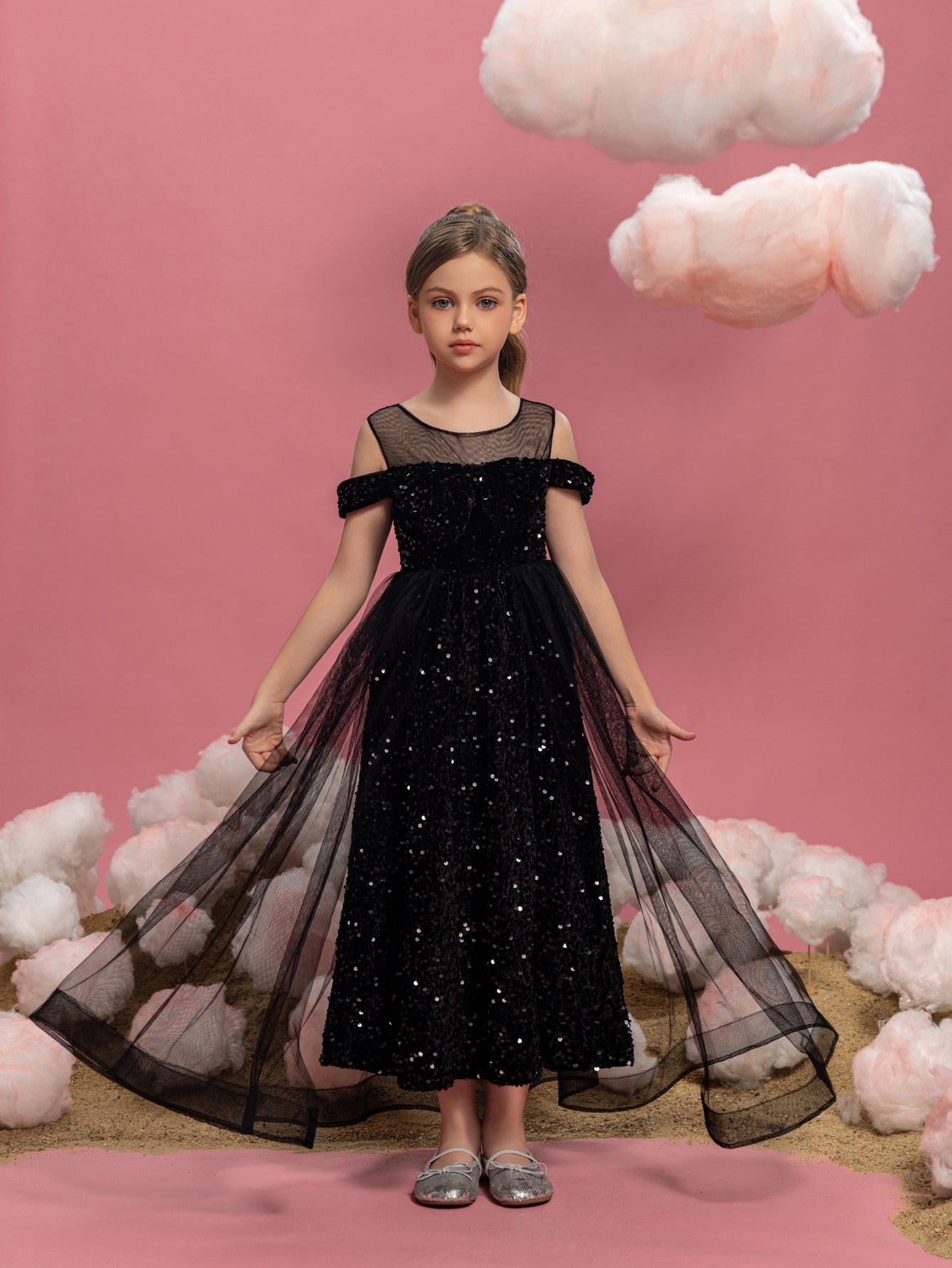 Tween Mädchen-Partykleid mit schulterfreiem Mesh-Overlay und Pailletten 