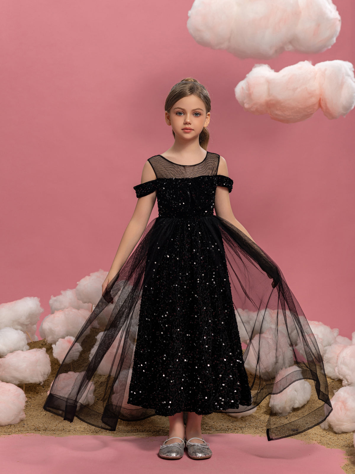 Tween Mädchen-Partykleid mit schulterfreiem Mesh-Overlay und Pailletten 