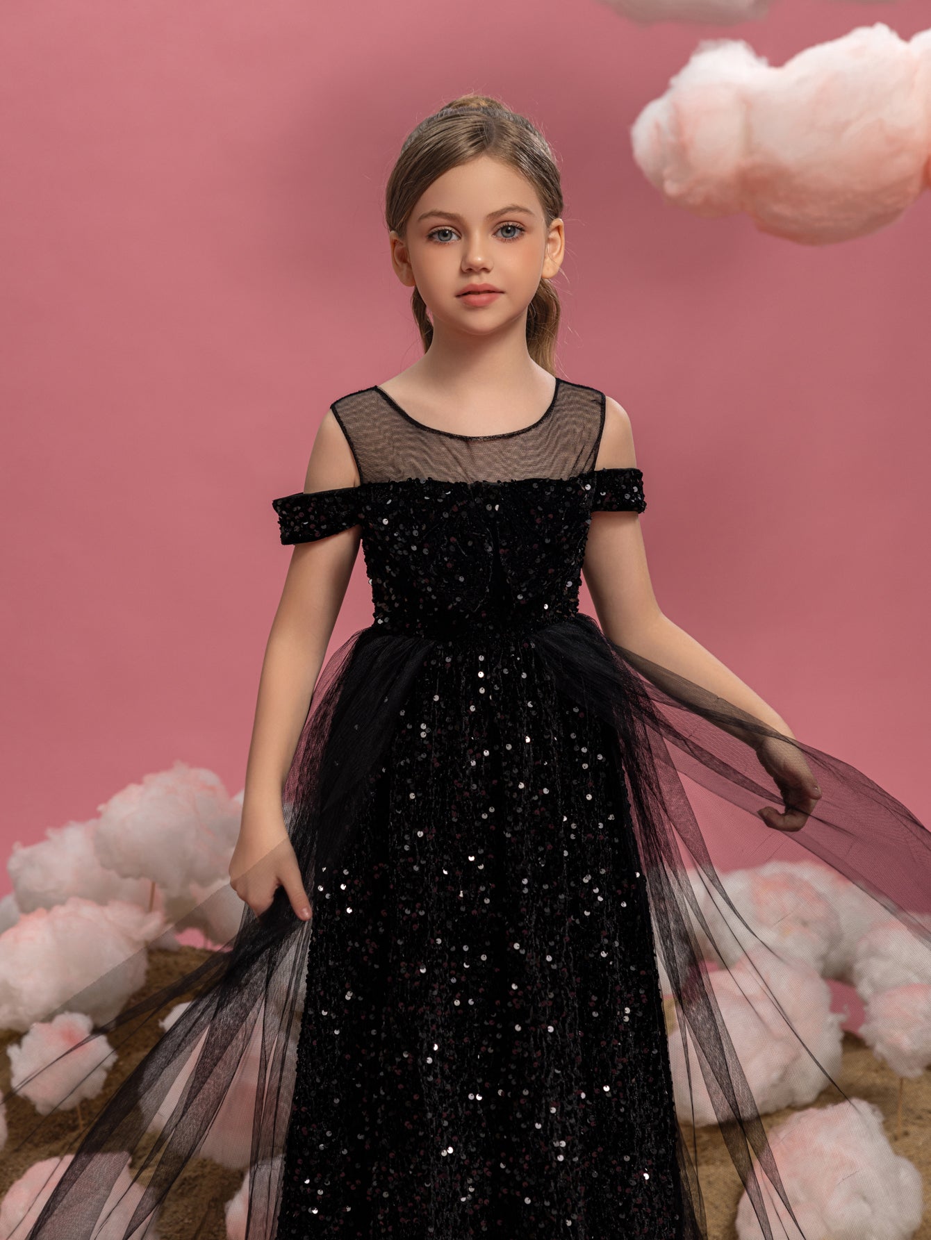 Tween Mädchen-Partykleid mit schulterfreiem Mesh-Overlay und Pailletten 