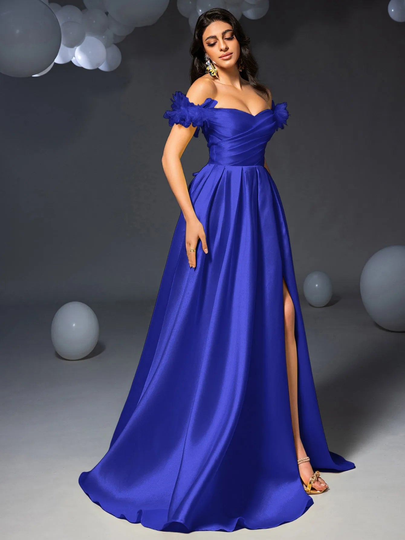 Elegant Off Shoulder Ruched Front Split Satin Prom Dress