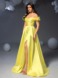 Elegant Off Shoulder Ruched Front Split Satin Prom Dress