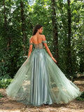 Gorgeous Floral Applique Detail Off Shoulder Split Tulle Formal Prom Dress