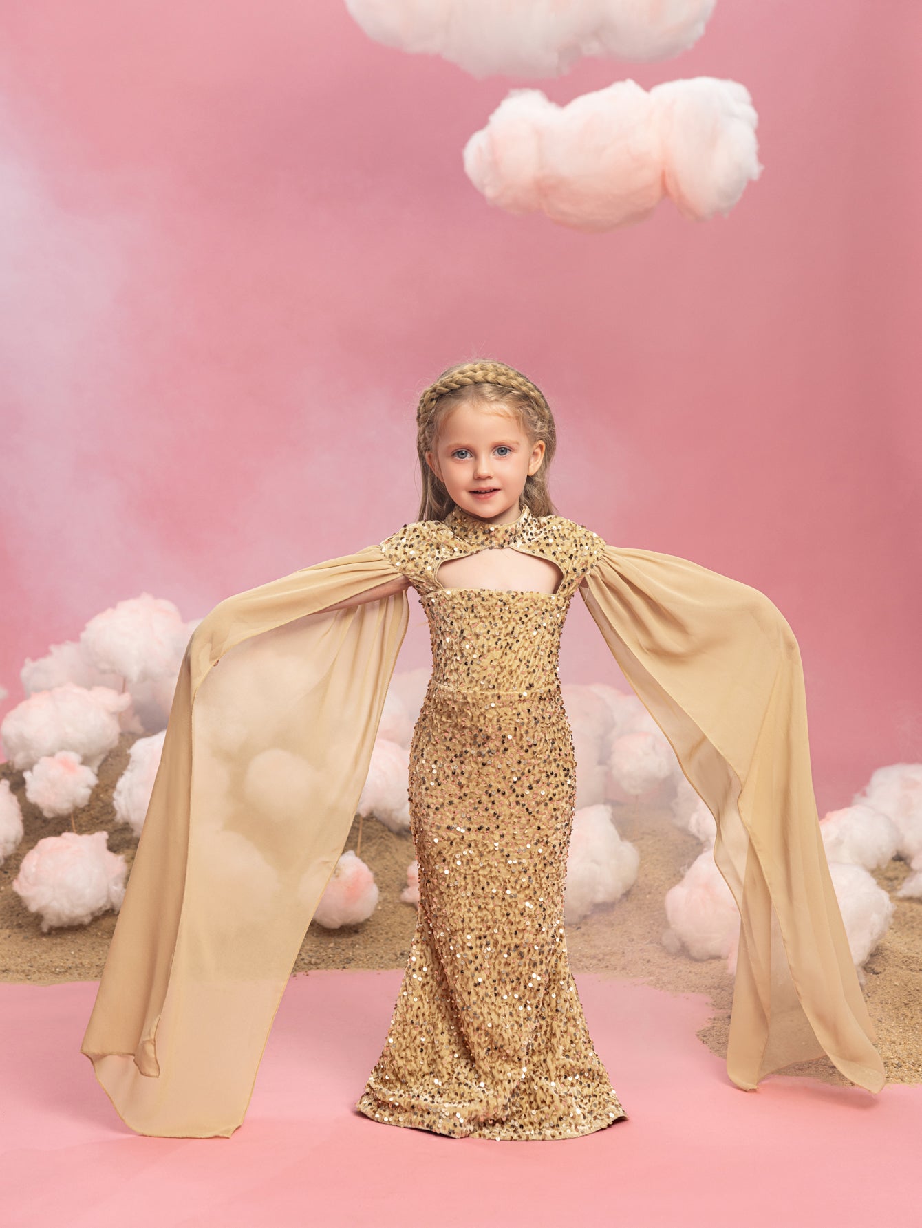 Young Girls' Mock Neck Cape Sleeves Sequin Party Dress