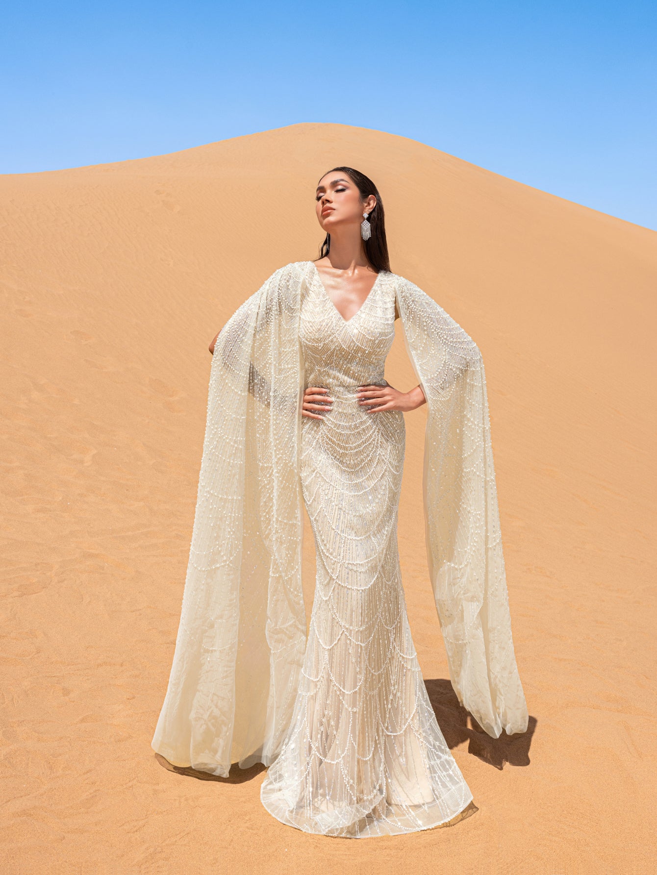 Gorgeous Beaded Sequin Mermaid Gown with Cape Sleeves – Elegant Evening Dress for Weddings, Red Carpet Galas & Opera Nights