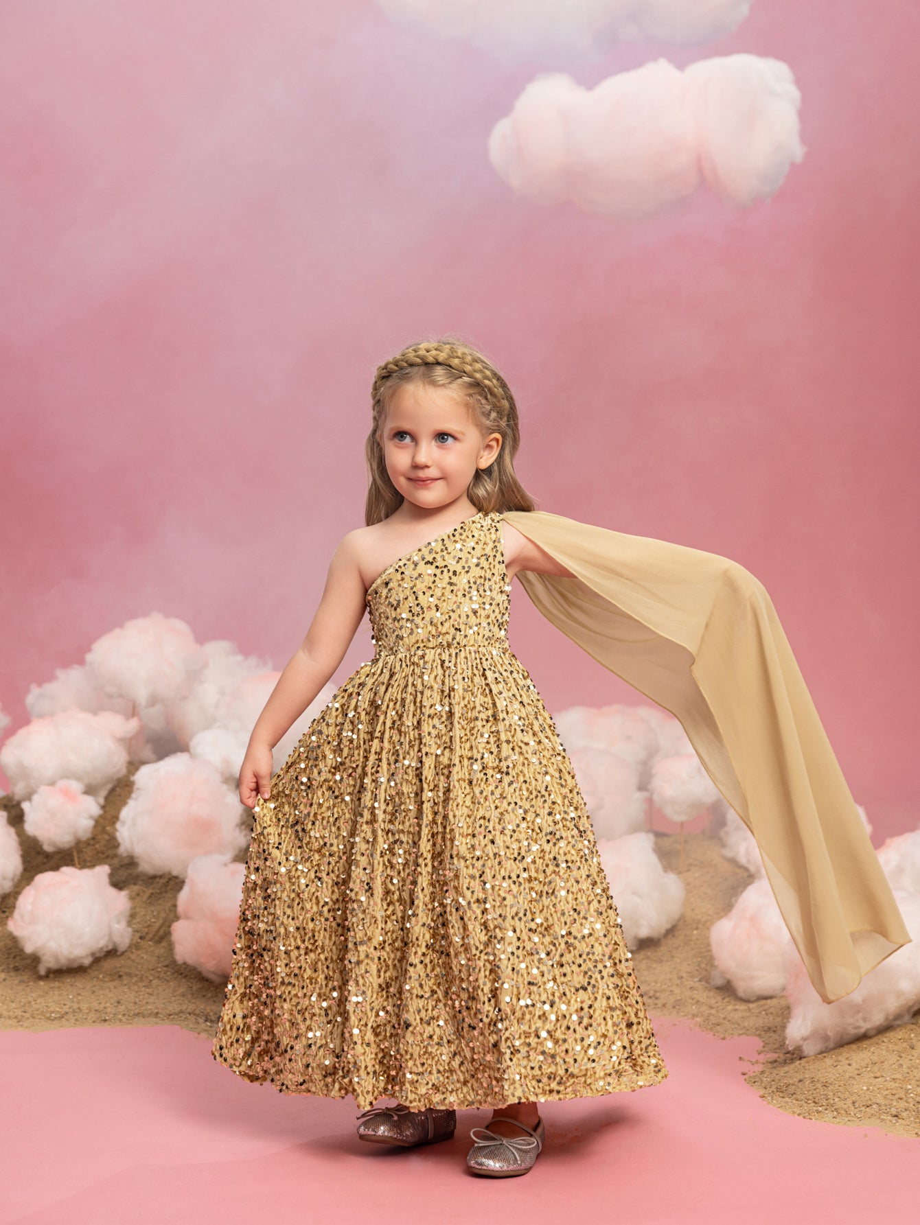 Young Girls' One Shoulder Draped Side Sequin A Line Dress