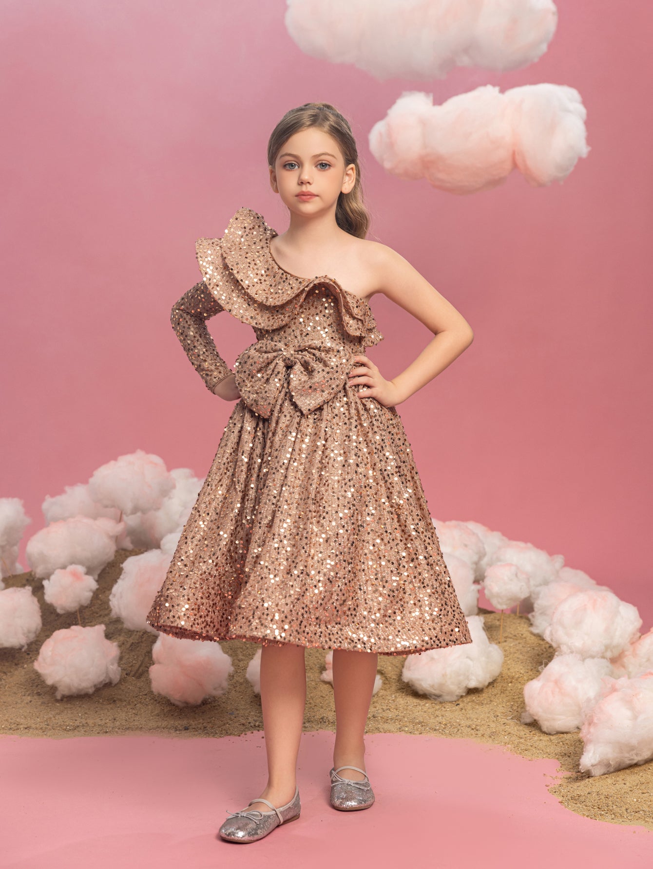 Tween Mädchen-Partykleid mit einschultriger Lage, Rüschenbesatz und Pailletten 