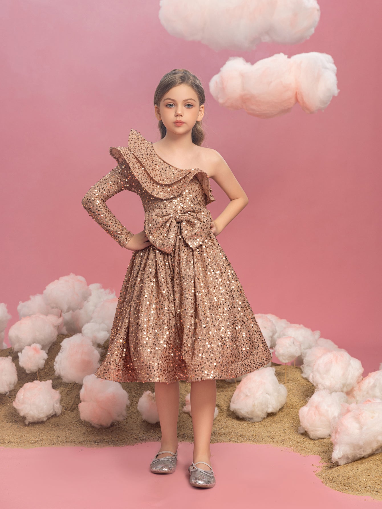 Tween Mädchen-Partykleid mit einschultriger Lage, Rüschenbesatz und Pailletten 