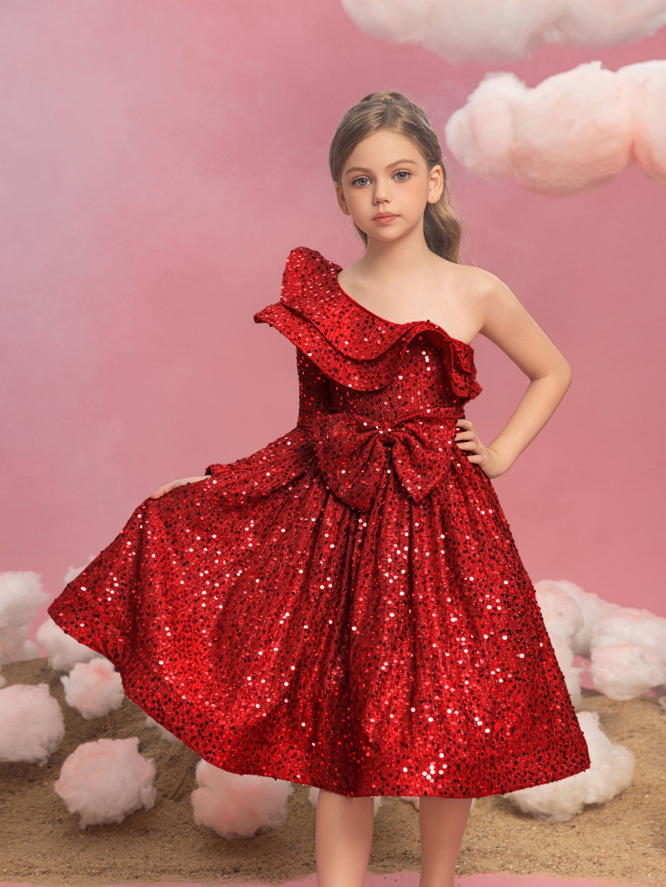 Tween Mädchen-Partykleid mit einschultriger Lage, Rüschenbesatz und Pailletten 