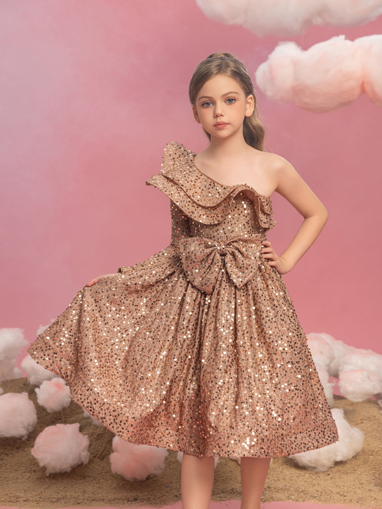 Tween Mädchen-Partykleid mit einschultriger Lage, Rüschenbesatz und Pailletten 