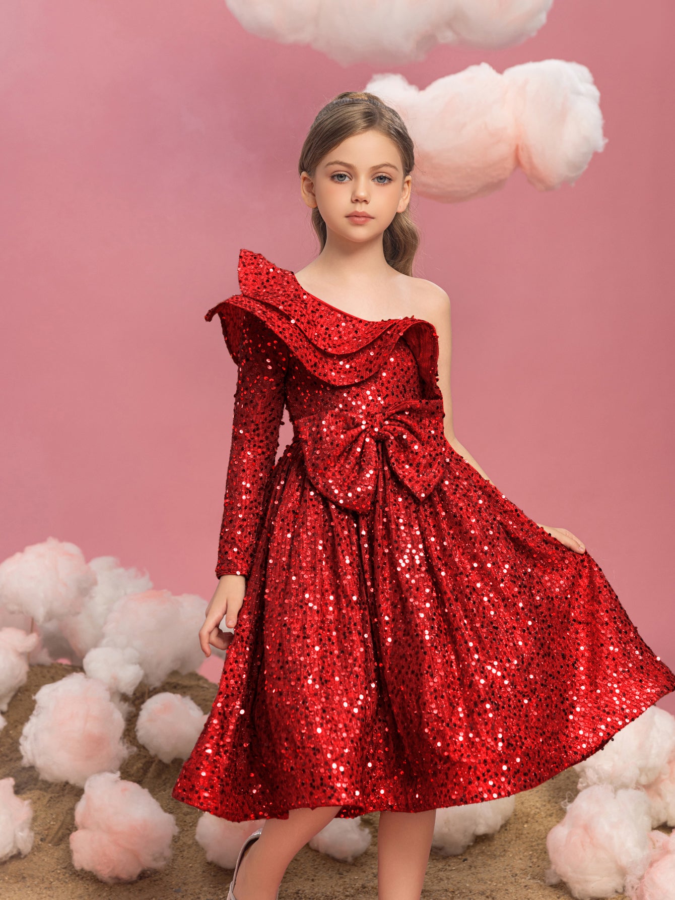 Tween Mädchen-Partykleid mit einschultriger Lage, Rüschenbesatz und Pailletten 