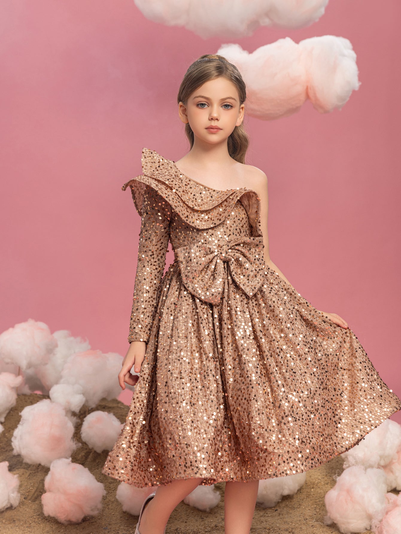 Tween Mädchen-Partykleid mit einschultriger Lage, Rüschenbesatz und Pailletten 