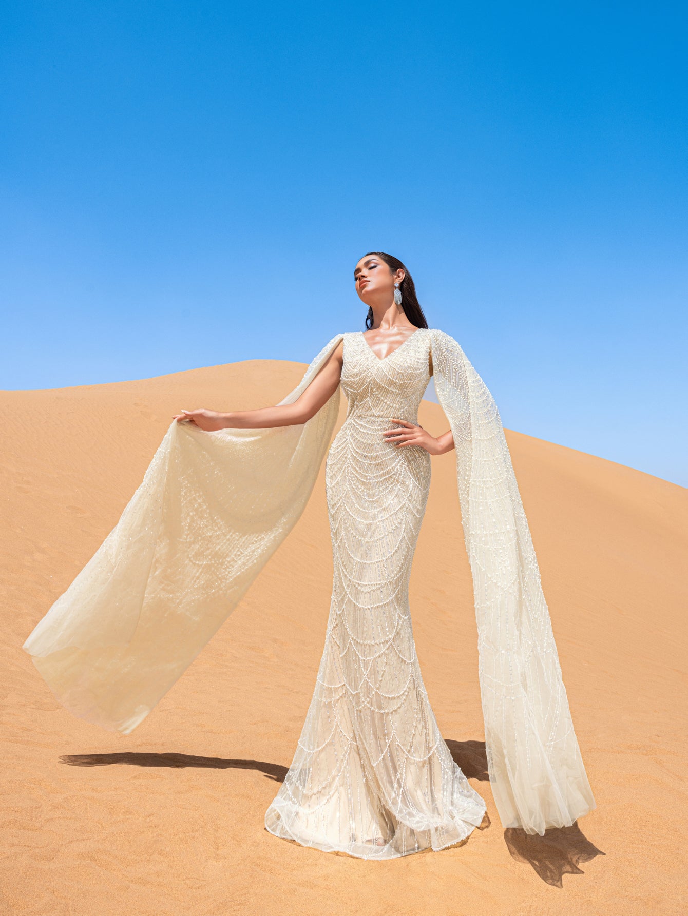 Gorgeous Beaded Sequin Mermaid Gown with Cape Sleeves – Elegant Evening Dress for Weddings, Red Carpet Galas & Opera Nights