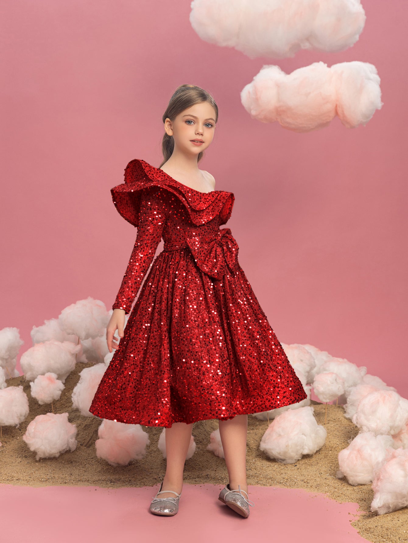 Tween Mädchen-Partykleid mit einschultriger Lage, Rüschenbesatz und Pailletten 