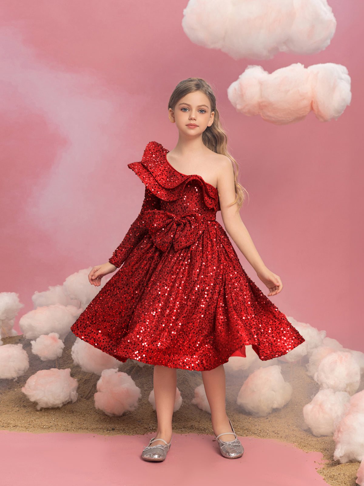 Tween Mädchen-Partykleid mit einschultriger Lage, Rüschenbesatz und Pailletten 