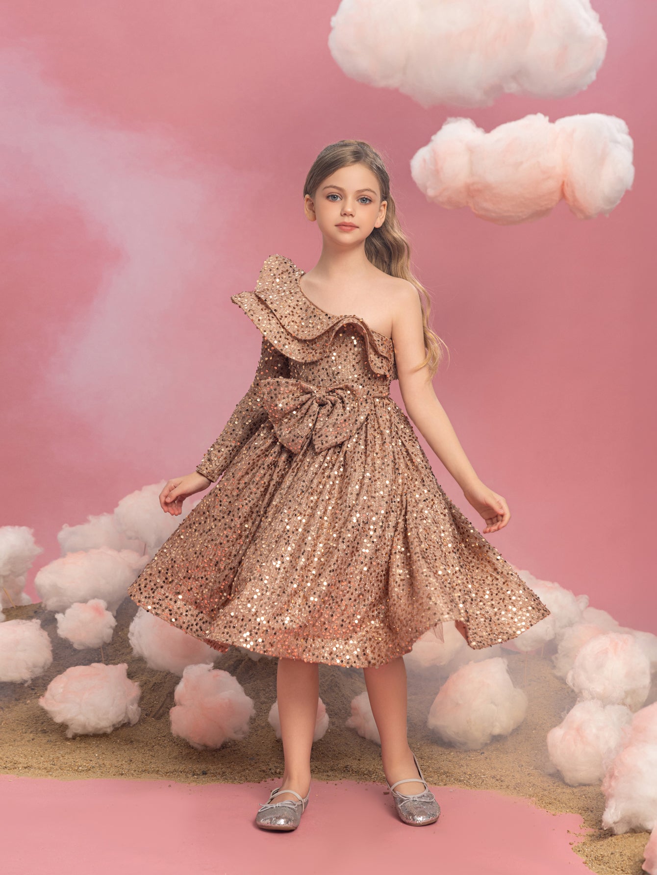 Tween Mädchen-Partykleid mit einschultriger Lage, Rüschenbesatz und Pailletten 