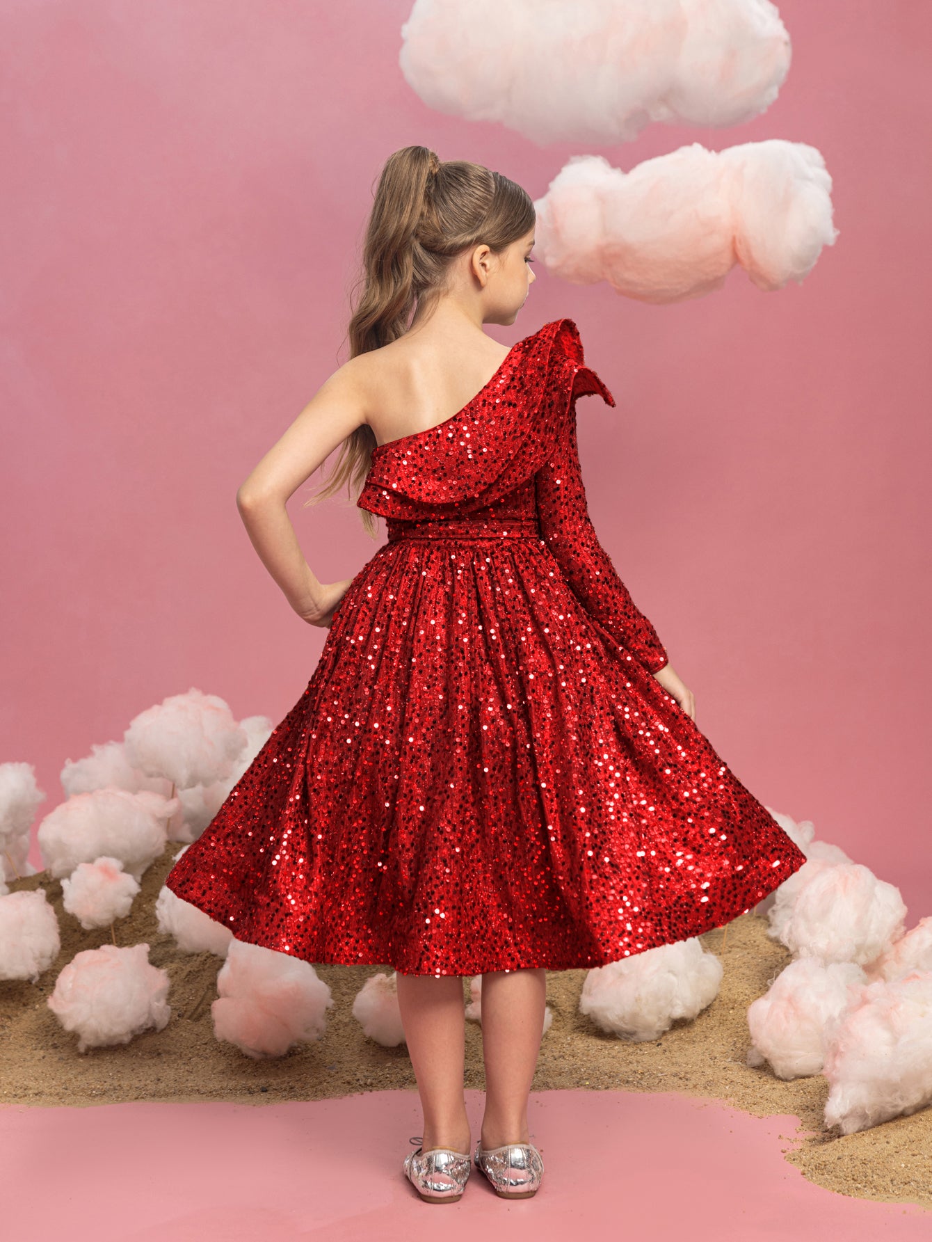 Tween Mädchen-Partykleid mit einschultriger Lage, Rüschenbesatz und Pailletten 