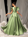 Elegant Satin Evening Gown with Bow Shoulder & Dramatic High Slit – Luxurious Evening Wear for Red Carpet, Formal Galas & Wedding Receptions