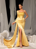 Elegant Satin Formal Dress with High Slit & Sequin Embellishments – Luxurious Evening Wear for Red Carpet, Gala Dinners & Luxury Weddings