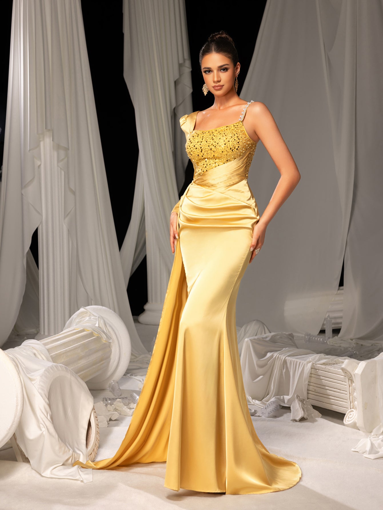 Elegant Satin Formal Dress with High Slit & Sequin Embellishments – Luxurious Evening Wear for Red Carpet, Gala Dinners & Luxury Weddings