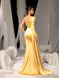 Elegant Satin Formal Dress with High Slit & Sequin Embellishments – Luxurious Evening Wear for Red Carpet, Gala Dinners & Luxury Weddings