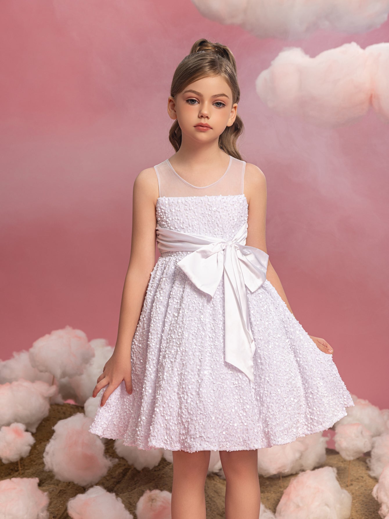 Süßes ärmelloses A-Linien-Kleid mit seitlichen Pailletten und Knoten für Tween-Mädchen 