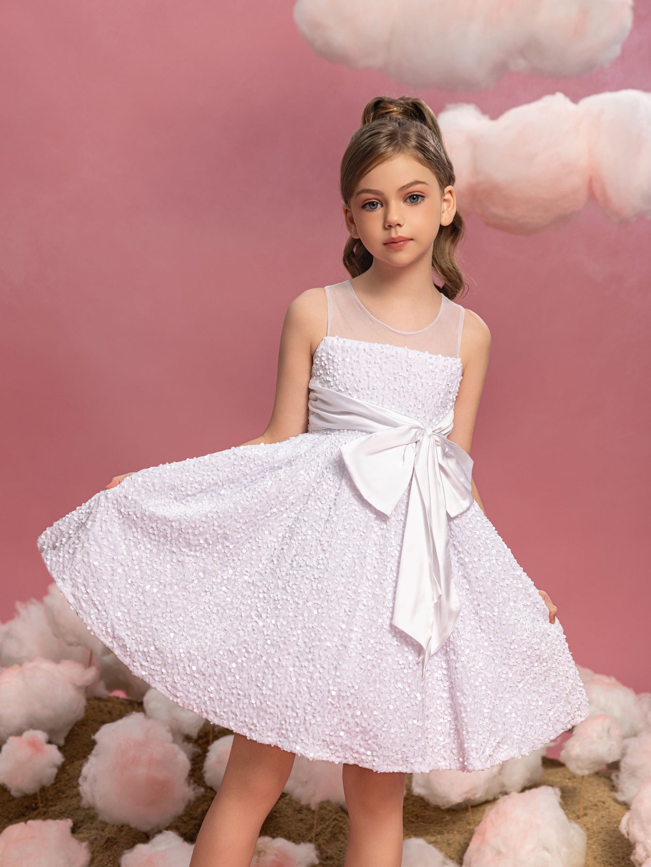 Süßes ärmelloses A-Linien-Kleid mit seitlichen Pailletten und Knoten für Tween-Mädchen 