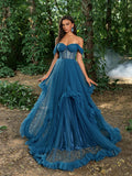 Gorgeous Off Shoulder Sheer Corset Bodice Ruffle Trim Tulle Prom Dress