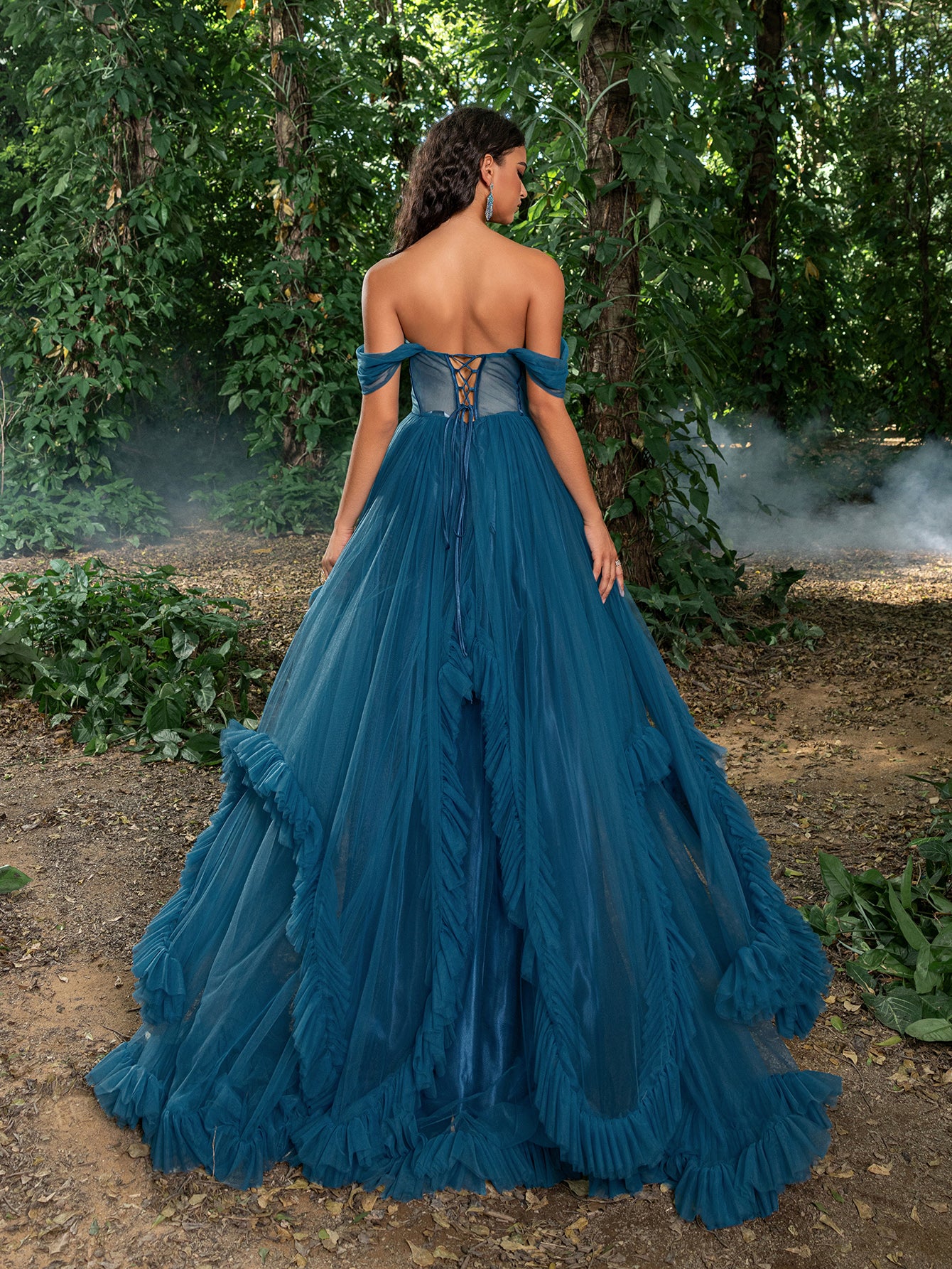 Gorgeous Off Shoulder Sheer Corset Bodice Ruffle Trim Tulle Prom Dress