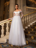 Elegant Off Shoulder Sheer Sleeves Tulle Evening Gown Wedding Dress