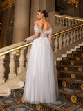 Elegant Off Shoulder Sheer Sleeves Tulle Evening Gown Wedding Dress