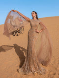 Luxury Gorgeous Round Neck Cloak Sleeves Mermaid Hem Beaded Evening Dress