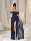 Glitter Off Shoulder Draped Side Split Thigh Formal Evening Dress