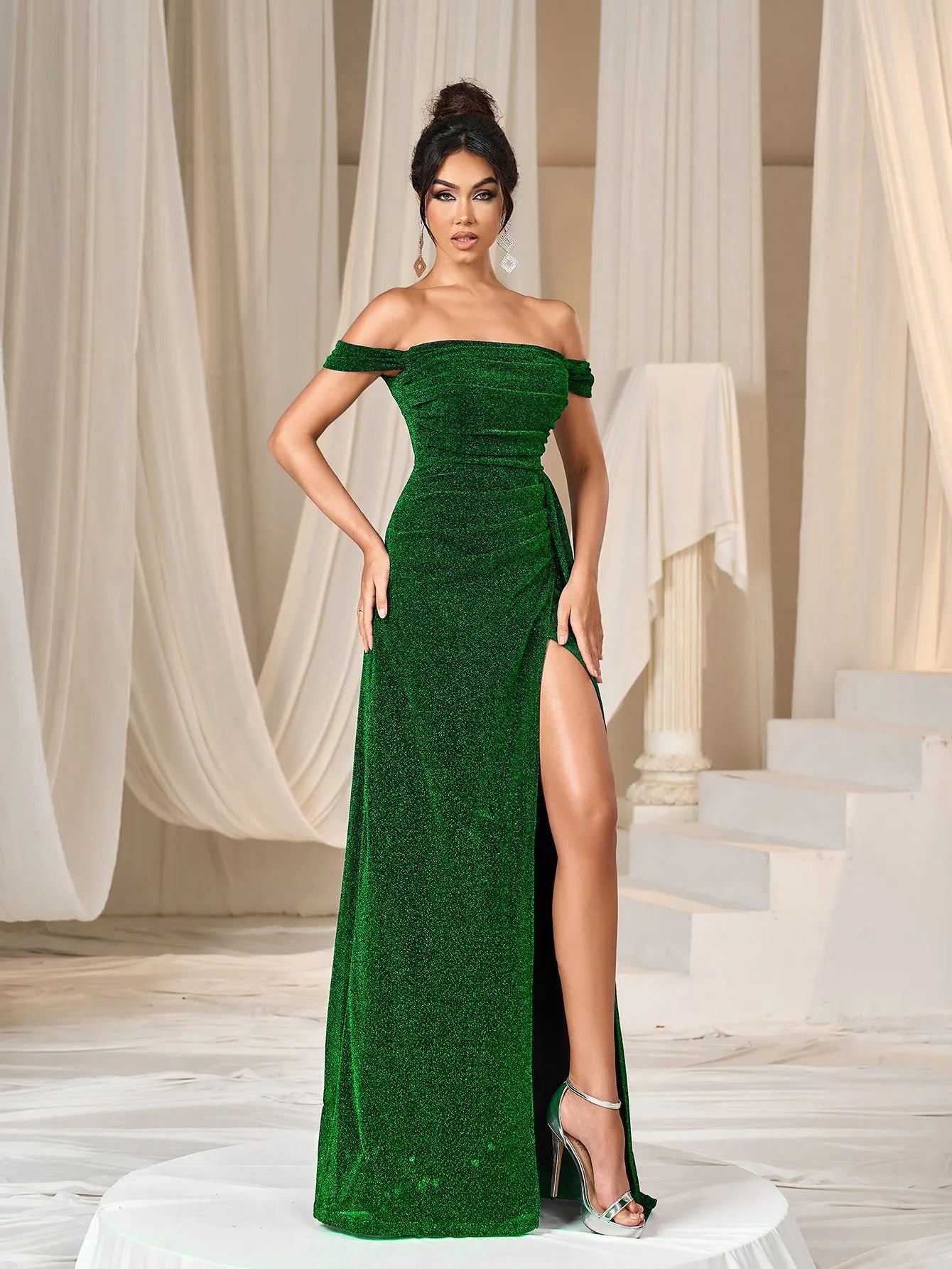 Glitter Off Shoulder Draped Side Split Thigh Formal Evening Dress