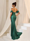 Elegant Off Shoulder Ruched Bust Split Mermaid Hem Evening Dress